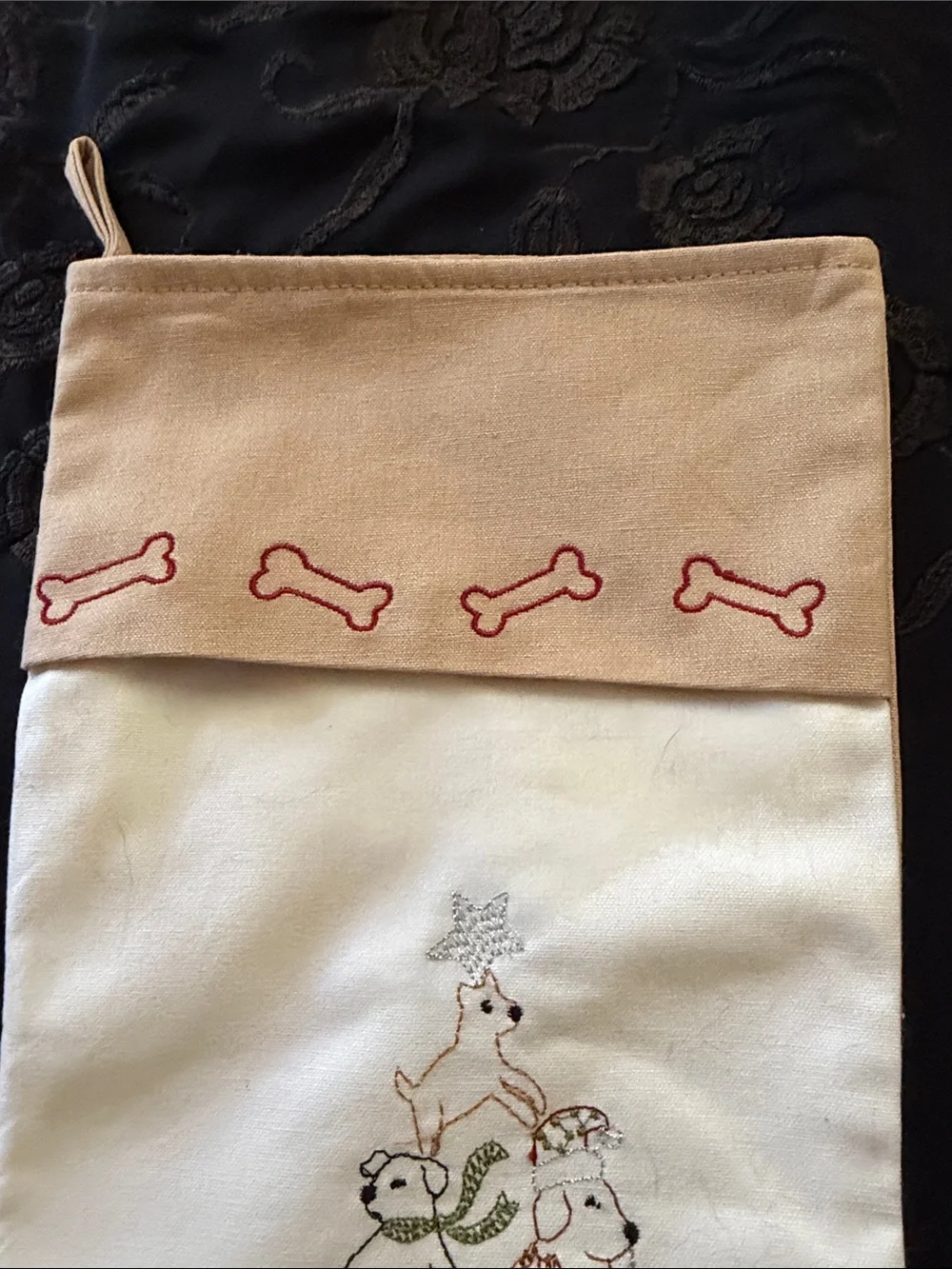Dog-Themed Holiday Stocking - Neutral Beige & White